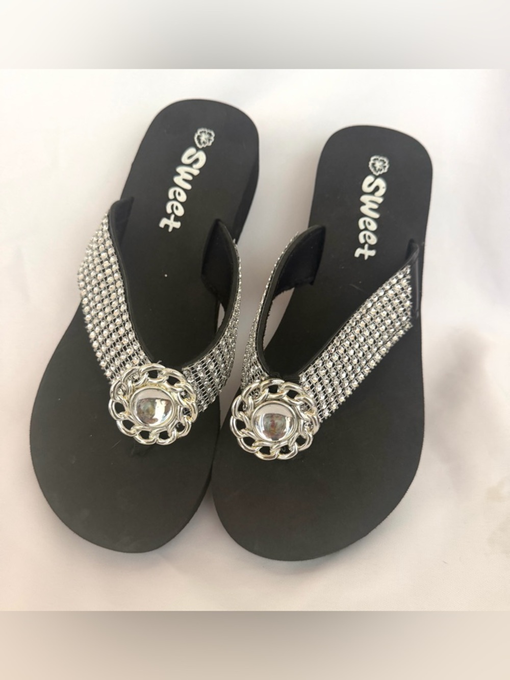 SWEET Black Rhinestone Thong Sandals with Silver Accent